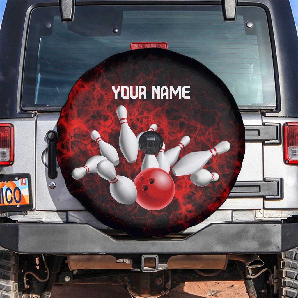 Red Bowling Ball and Pins Design Spare Tire Cover with Fiery Smoke Background and Custom Team Name Text - Wonder Print Shop