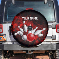 Red Bowling Ball and Pins Design Spare Tire Cover with Fiery Smoke Background and Custom Team Name Text - Wonder Print Shop