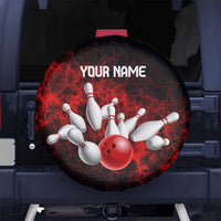 Red Bowling Ball and Pins Design Spare Tire Cover with Fiery Smoke Background and Custom Team Name Text - Wonder Print Shop