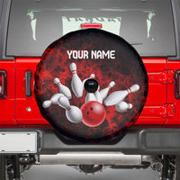 Red Bowling Ball and Pins Design Spare Tire Cover with Fiery Smoke Background and Custom Team Name Text - Wonder Print Shop