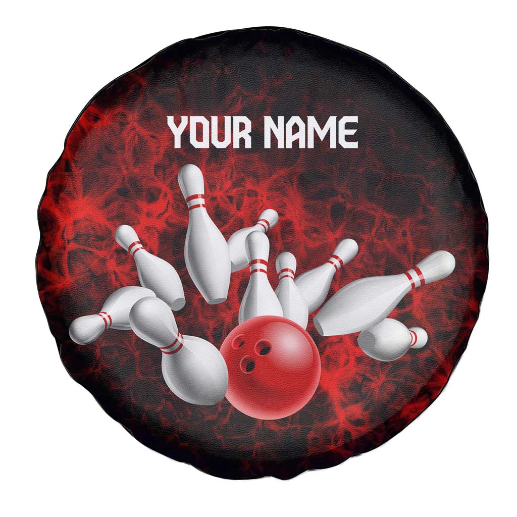 Red Bowling Ball and Pins Design Spare Tire Cover with Fiery Smoke Background and Custom Team Name Text - Wonder Print Shop