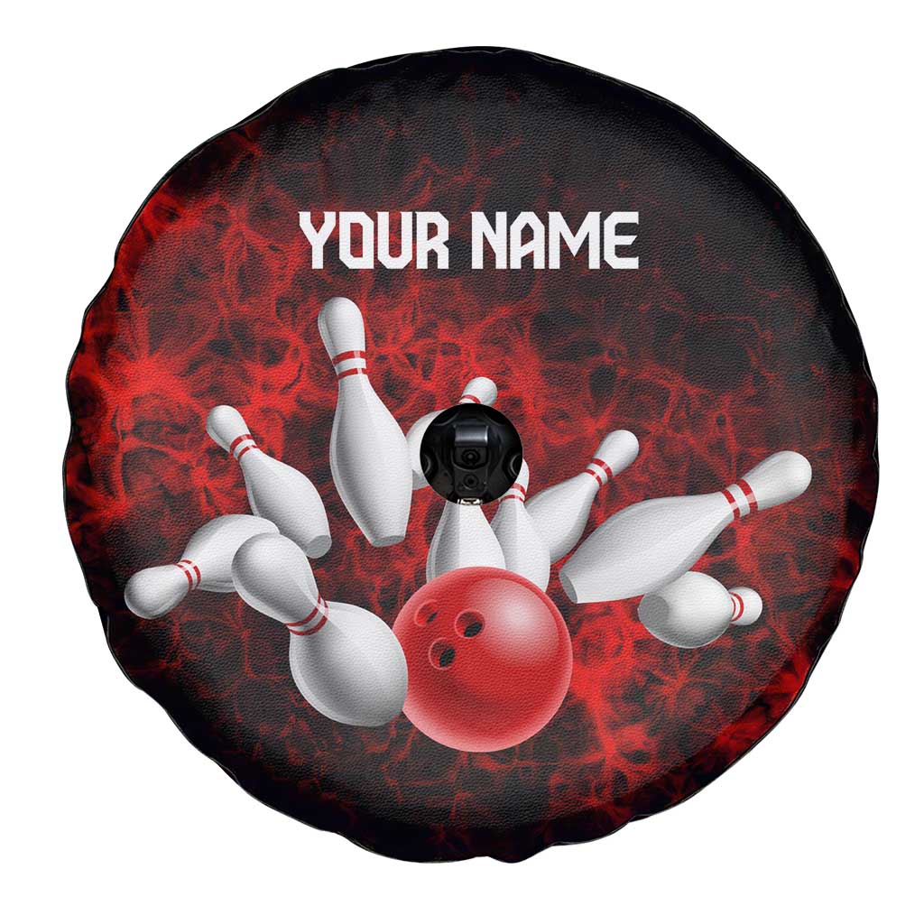 Red Bowling Ball and Pins Design Spare Tire Cover with Fiery Smoke Background and Custom Team Name Text - Wonder Print Shop