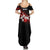Red Bowling Ball and Pins Design Summer Maxi Dress with Fiery Smoke Background and Custom Team Name Text - Wonder Print Shop