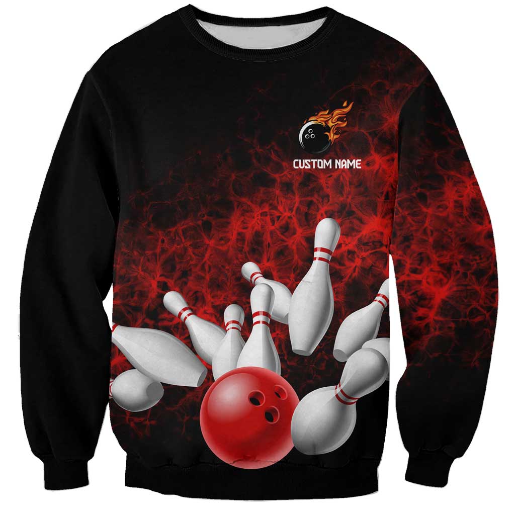 Red Bowling Ball and Pins Design Sweatshirt with Fiery Smoke Background and Custom Team Name Text - Wonder Print Shop