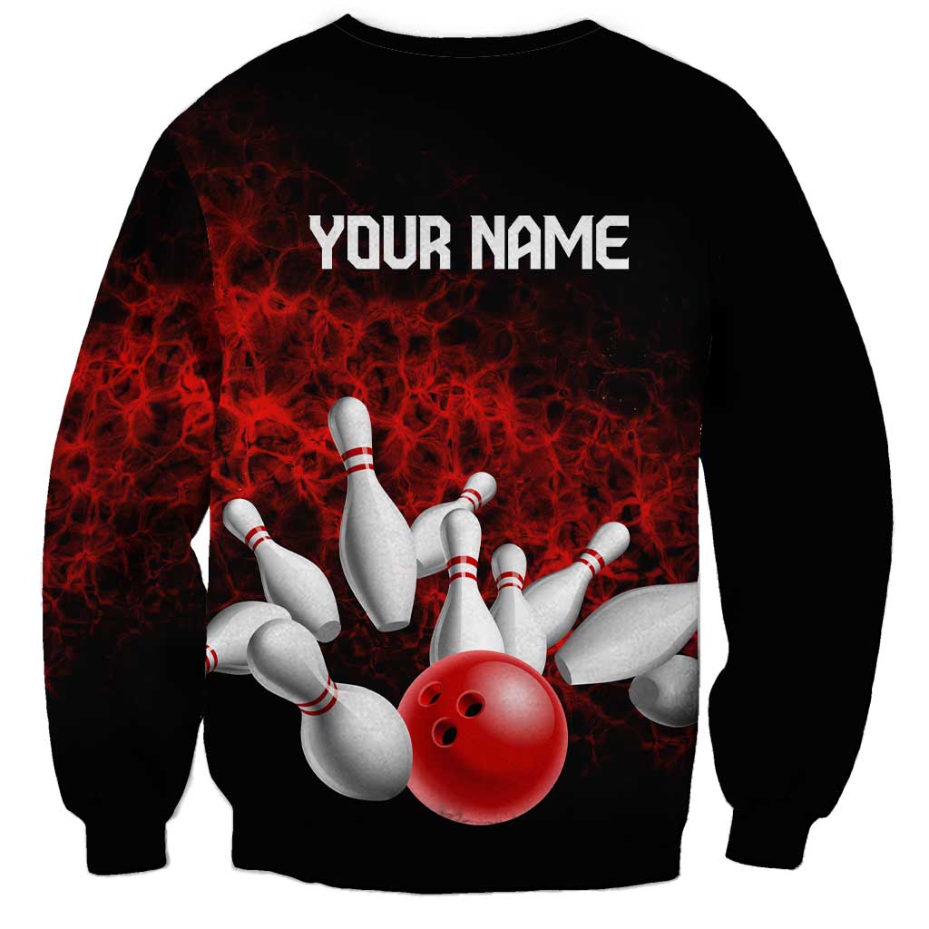 Red Bowling Ball and Pins Design Sweatshirt with Fiery Smoke Background and Custom Team Name Text - Wonder Print Shop
