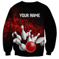 Red Bowling Ball and Pins Design Sweatshirt with Fiery Smoke Background and Custom Team Name Text - Wonder Print Shop
