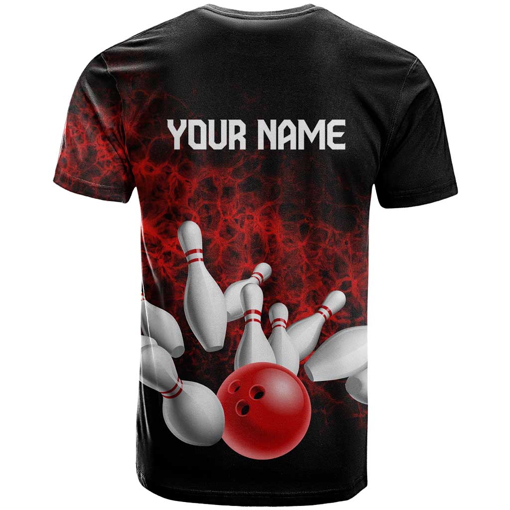 Red Bowling Ball and Pins Design T Shirt with Fiery Smoke Background and Custom Team Name Text - Wonder Print Shop