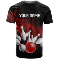 Red Bowling Ball and Pins Design T Shirt with Fiery Smoke Background and Custom Team Name Text - Wonder Print Shop