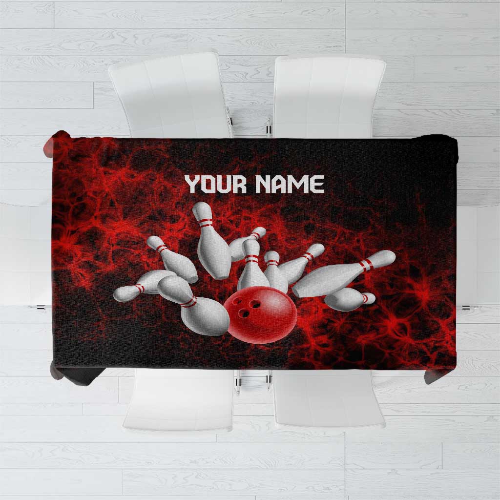 Red Bowling Ball and Pins Design Tablecloth with Fiery Smoke Background and Custom Team Name Text - Wonder Print Shop