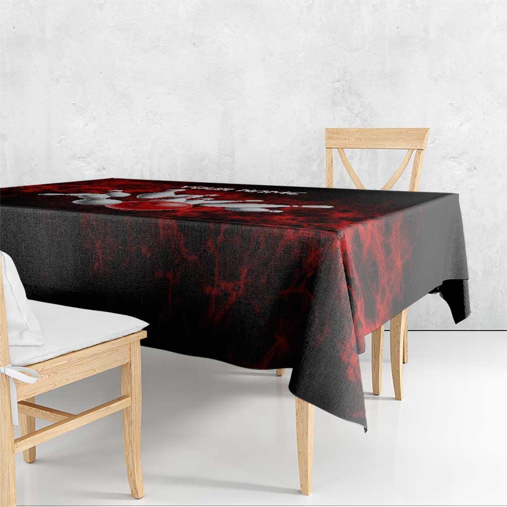 Red Bowling Ball and Pins Design Tablecloth with Fiery Smoke Background and Custom Team Name Text - Wonder Print Shop