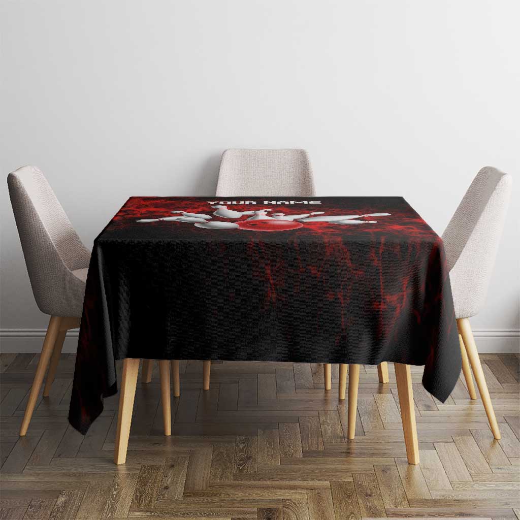 Red Bowling Ball and Pins Design Tablecloth with Fiery Smoke Background and Custom Team Name Text - Wonder Print Shop