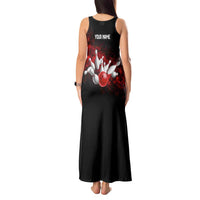 Red Bowling Ball and Pins Design Tank Maxi Dress with Fiery Smoke Background and Custom Team Name Text - Wonder Print Shop