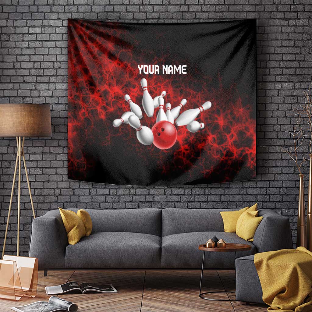 Red Bowling Ball and Pins Design Tapestry with Fiery Smoke Background and Custom Team Name Text - Wonder Print Shop
