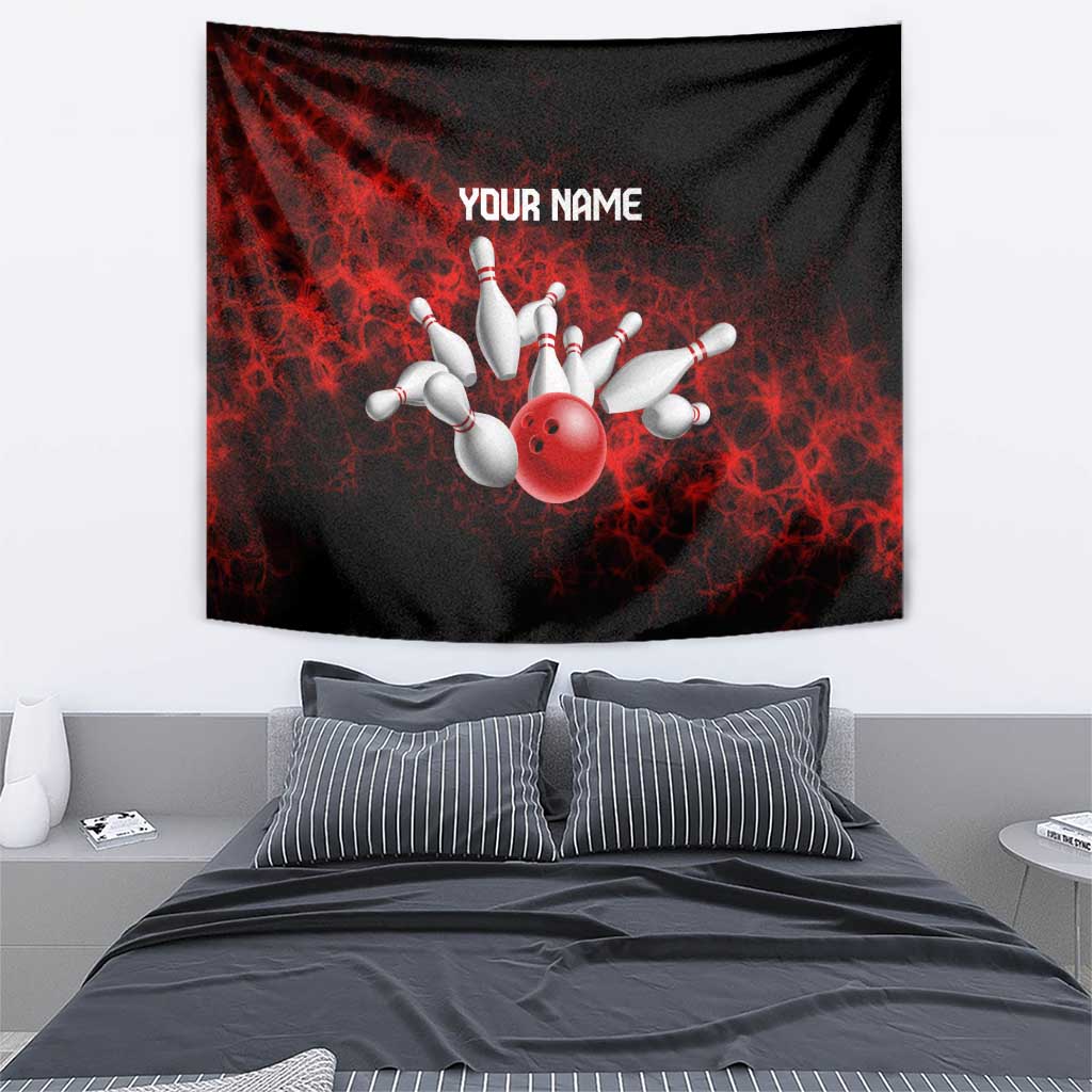 Red Bowling Ball and Pins Design Tapestry with Fiery Smoke Background and Custom Team Name Text - Wonder Print Shop