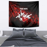 Red Bowling Ball and Pins Design Tapestry with Fiery Smoke Background and Custom Team Name Text - Wonder Print Shop