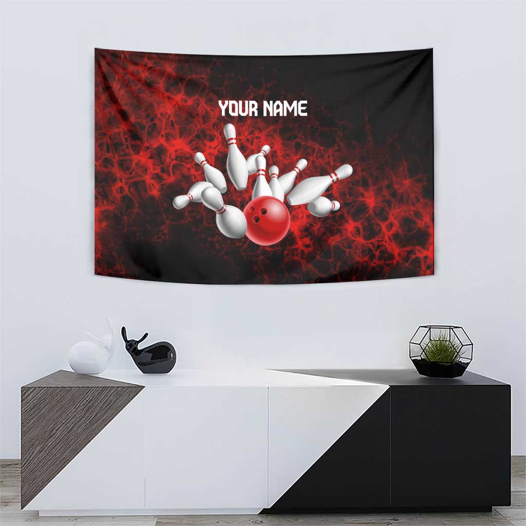 Red Bowling Ball and Pins Design Tapestry with Fiery Smoke Background and Custom Team Name Text - Wonder Print Shop