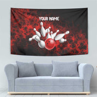 Red Bowling Ball and Pins Design Tapestry with Fiery Smoke Background and Custom Team Name Text - Wonder Print Shop