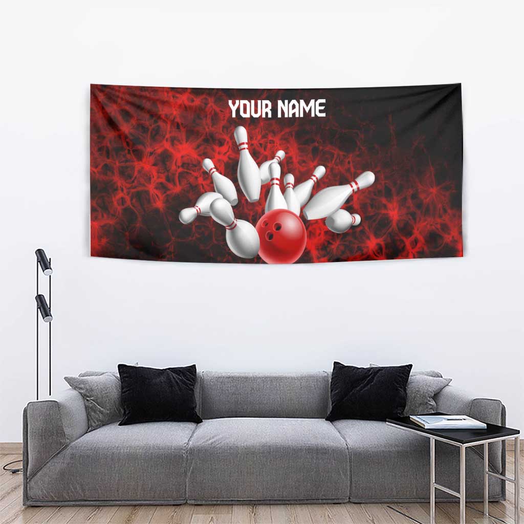 Red Bowling Ball and Pins Design Tapestry with Fiery Smoke Background and Custom Team Name Text - Wonder Print Shop
