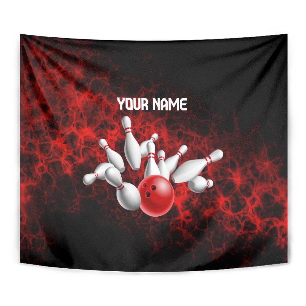 Red Bowling Ball and Pins Design Tapestry with Fiery Smoke Background and Custom Team Name Text - Wonder Print Shop