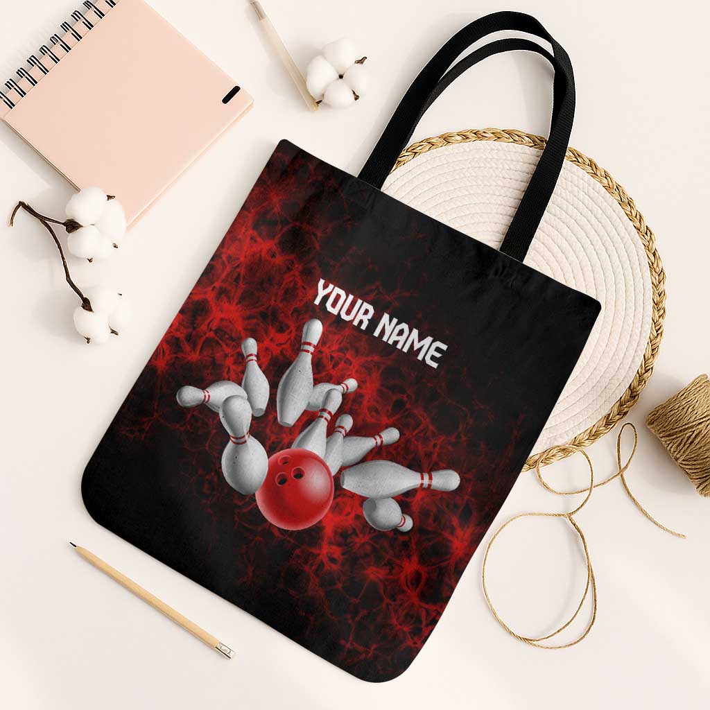 Red Bowling Ball and Pins Design Tote Bag with Fiery Smoke Background and Custom Team Name Text - Wonder Print Shop