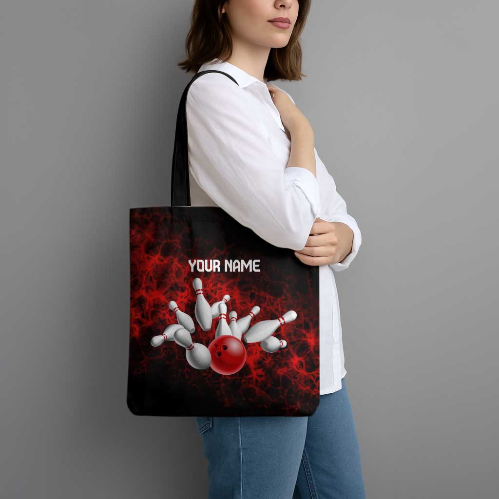 Red Bowling Ball and Pins Design Tote Bag with Fiery Smoke Background and Custom Team Name Text - Wonder Print Shop