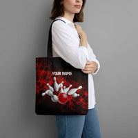 Red Bowling Ball and Pins Design Tote Bag with Fiery Smoke Background and Custom Team Name Text - Wonder Print Shop
