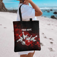 Red Bowling Ball and Pins Design Tote Bag with Fiery Smoke Background and Custom Team Name Text - Wonder Print Shop