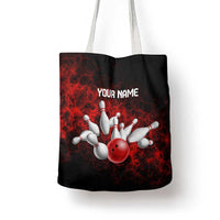 Red Bowling Ball and Pins Design Tote Bag with Fiery Smoke Background and Custom Team Name Text - Wonder Print Shop