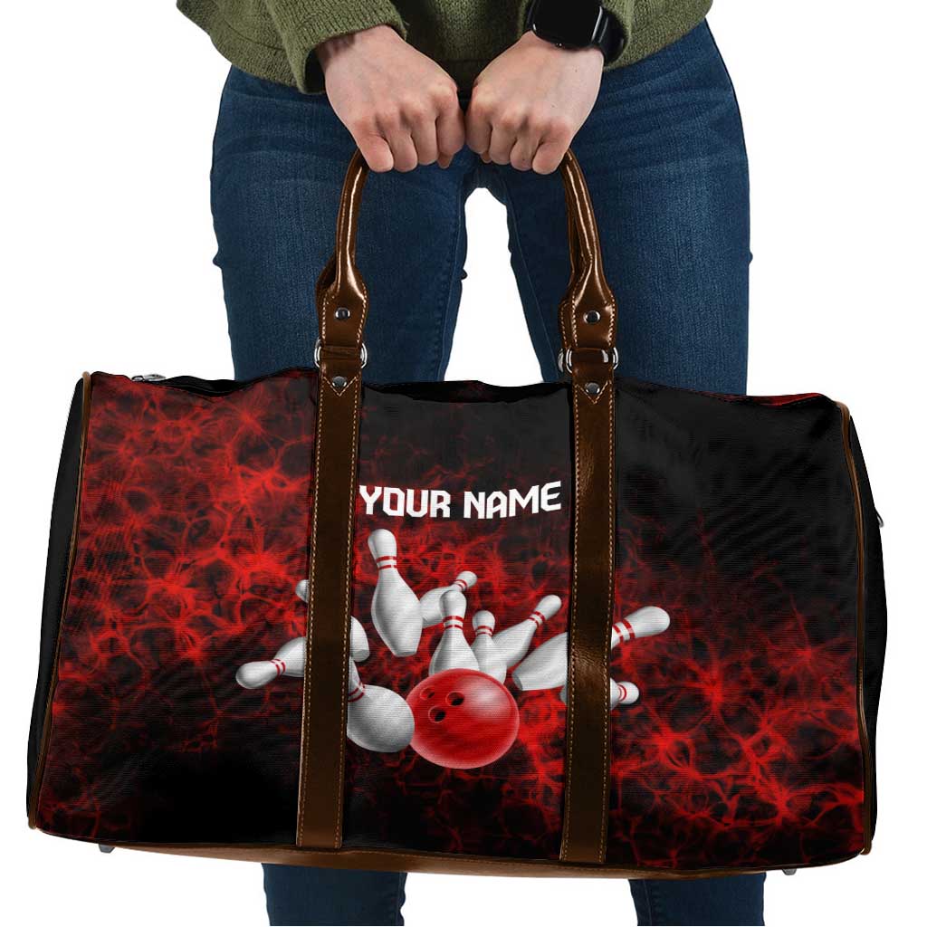 Red Bowling Ball and Pins Design Travel Bag with Fiery Smoke Background and Custom Team Name Text - Wonder Print Shop