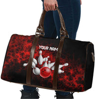Red Bowling Ball and Pins Design Travel Bag with Fiery Smoke Background and Custom Team Name Text - Wonder Print Shop