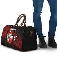 Red Bowling Ball and Pins Design Travel Bag with Fiery Smoke Background and Custom Team Name Text - Wonder Print Shop