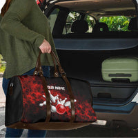 Red Bowling Ball and Pins Design Travel Bag with Fiery Smoke Background and Custom Team Name Text - Wonder Print Shop