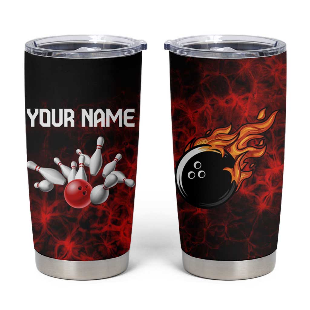 Red Bowling Ball and Pins Design Tumbler Cup with Fiery Smoke Background and Custom Team Name Text - Wonder Print Shop