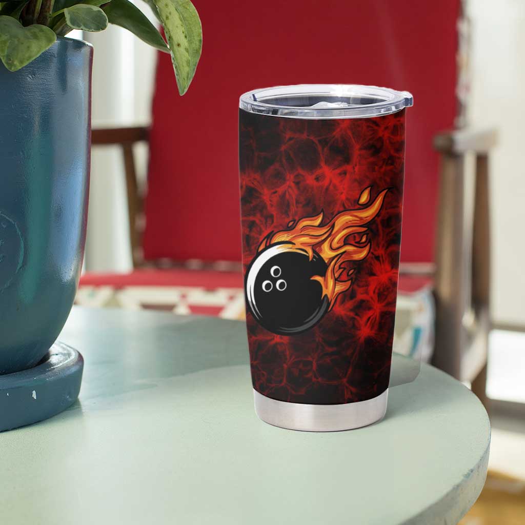 Red Bowling Ball and Pins Design Tumbler Cup with Fiery Smoke Background and Custom Team Name Text - Wonder Print Shop