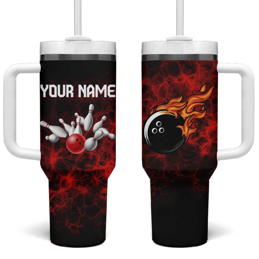 Red Bowling Ball and Pins Design Tumbler With Handle with Fiery Smoke Background and Custom Team Name Text - Wonder Print Shop