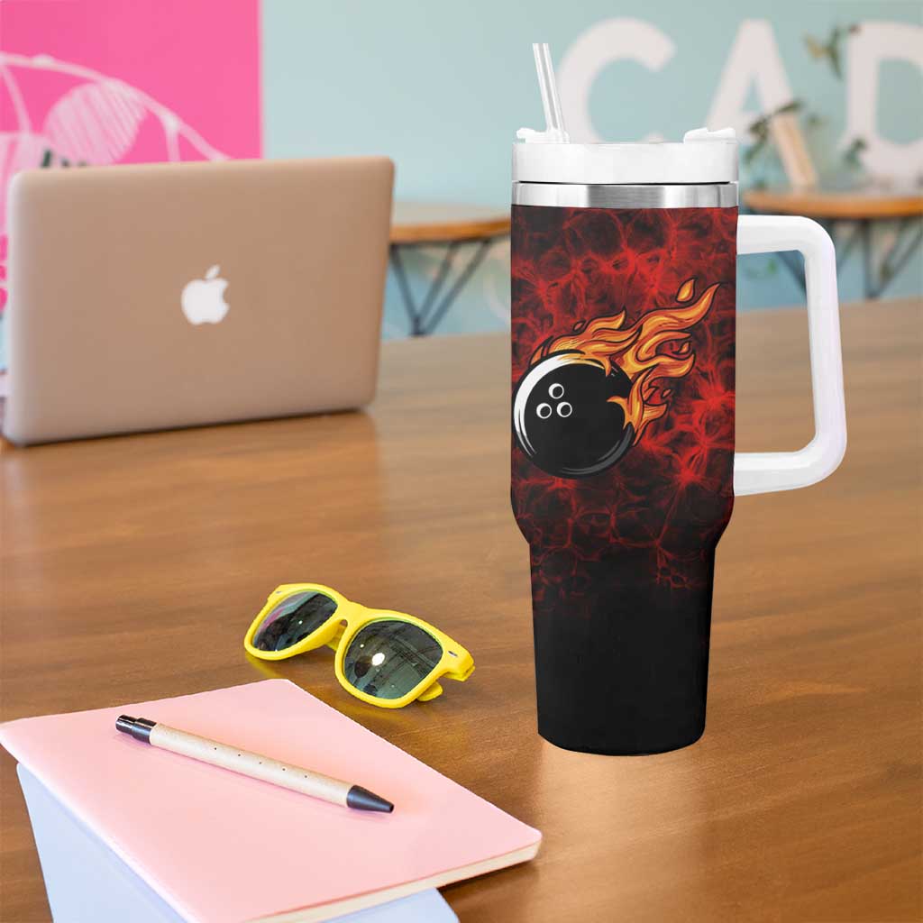 Red Bowling Ball and Pins Design Tumbler With Handle with Fiery Smoke Background and Custom Team Name Text - Wonder Print Shop