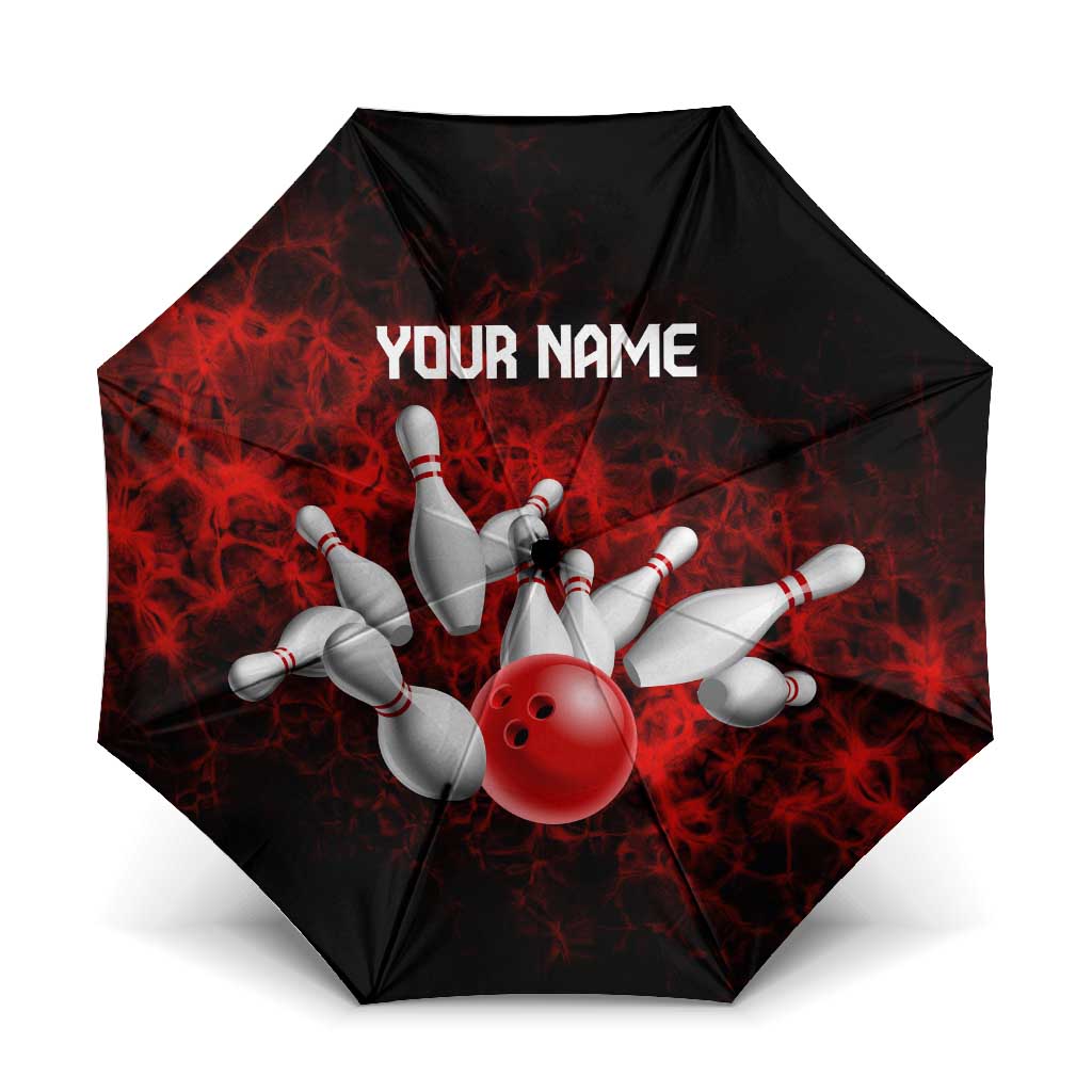 Red Bowling Ball and Pins Design Umbrella with Fiery Smoke Background and Custom Team Name Text - Wonder Print Shop