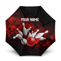 Red Bowling Ball and Pins Design Umbrella with Fiery Smoke Background and Custom Team Name Text - Wonder Print Shop
