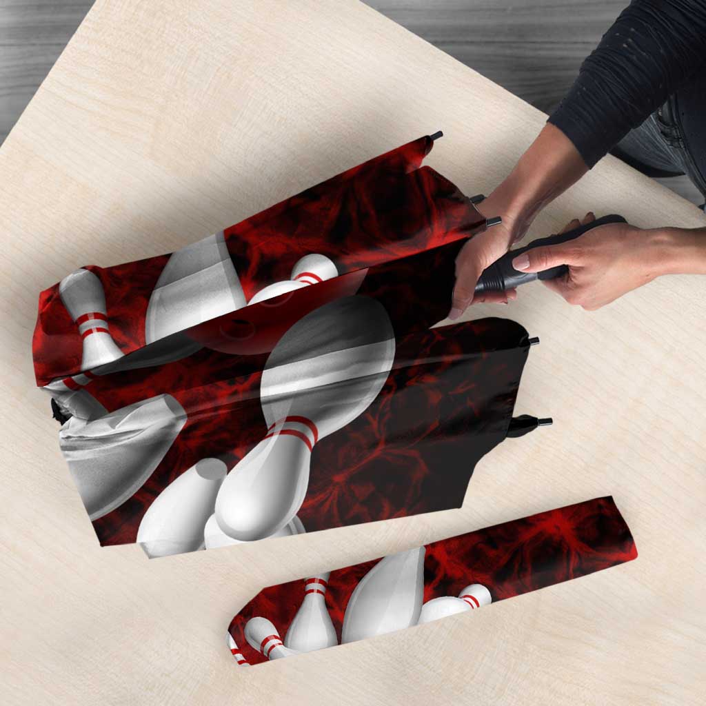 Red Bowling Ball and Pins Design Umbrella with Fiery Smoke Background and Custom Team Name Text - Wonder Print Shop