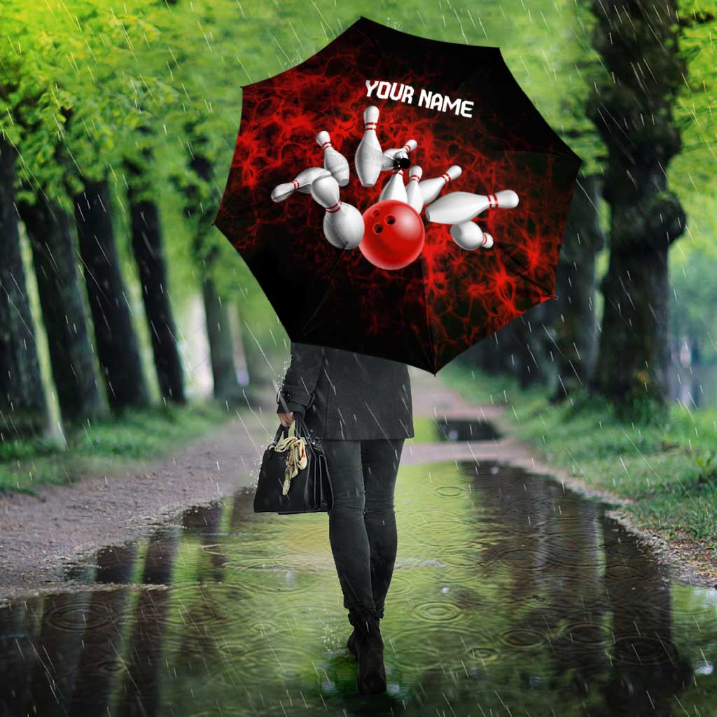 Red Bowling Ball and Pins Design Umbrella with Fiery Smoke Background and Custom Team Name Text - Wonder Print Shop