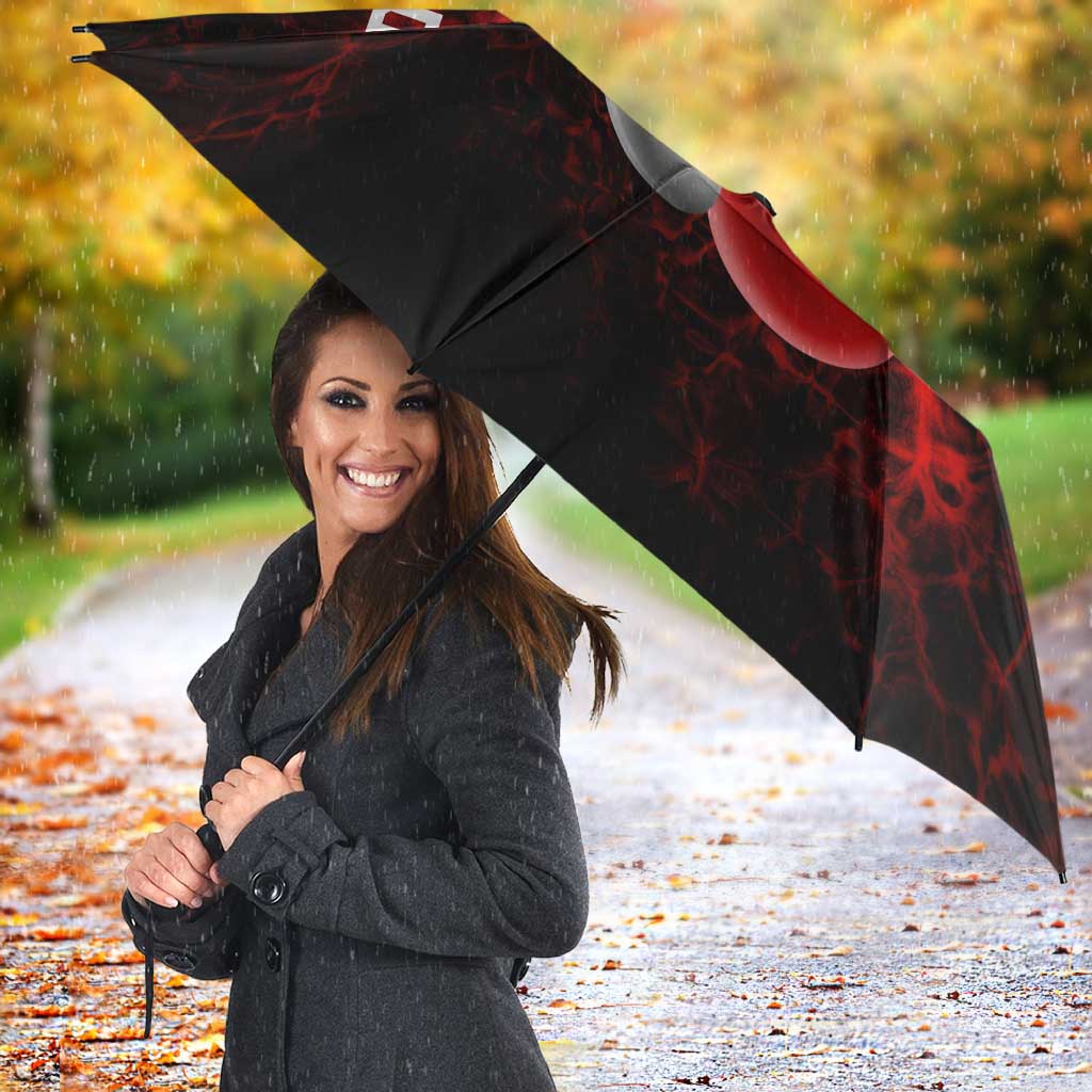 Red Bowling Ball and Pins Design Umbrella with Fiery Smoke Background and Custom Team Name Text - Wonder Print Shop