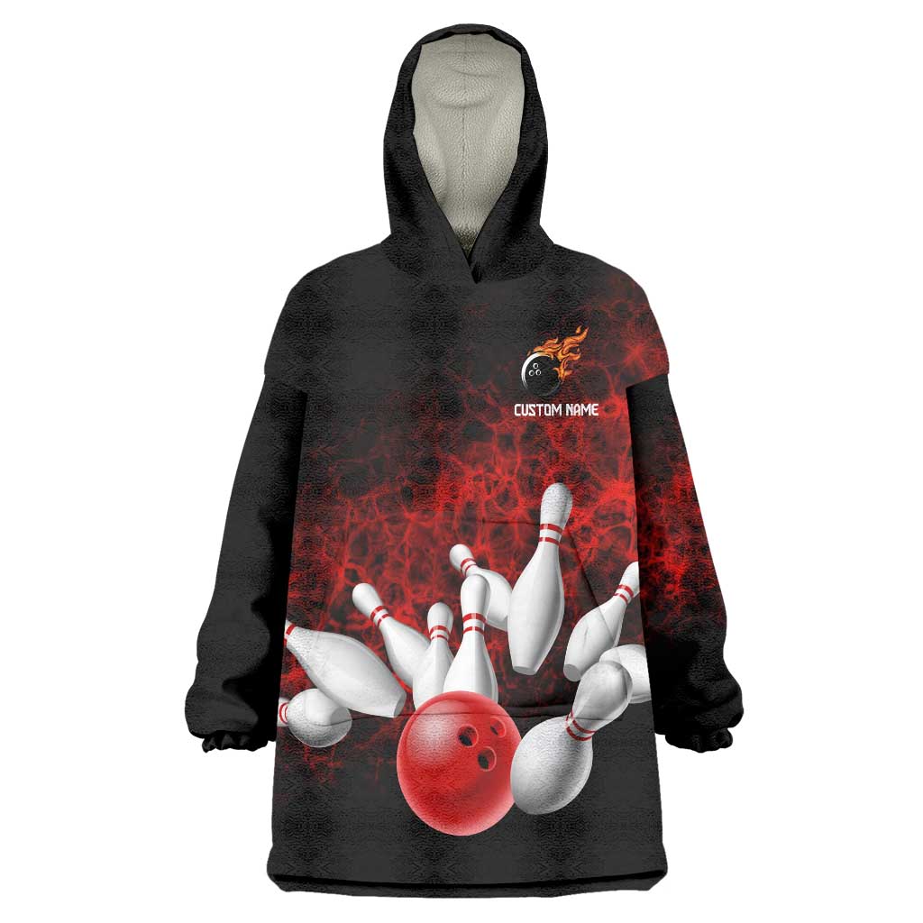 Red Bowling Ball and Pins Design Wearable Blanket Hoodie with Fiery Smoke Background and Custom Team Name Text - Wonder Print Shop