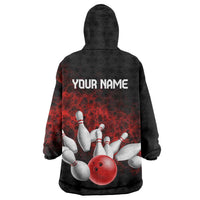 Red Bowling Ball and Pins Design Wearable Blanket Hoodie with Fiery Smoke Background and Custom Team Name Text - Wonder Print Shop