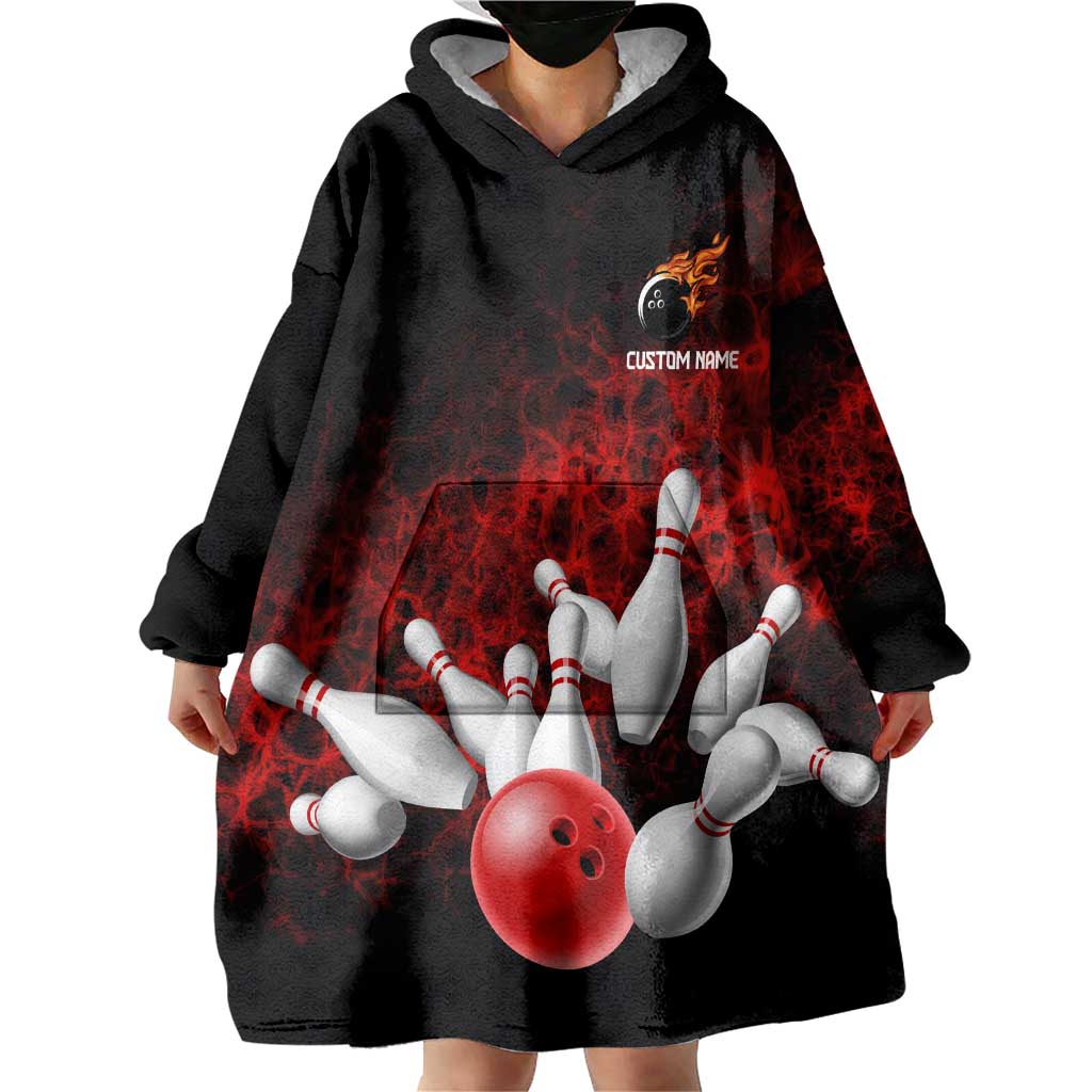 Red Bowling Ball and Pins Design Wearable Blanket Hoodie with Fiery Smoke Background and Custom Team Name Text - Wonder Print Shop
