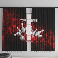 Red Bowling Ball and Pins Design Window Curtain with Fiery Smoke Background and Custom Team Name Text - Wonder Print Shop
