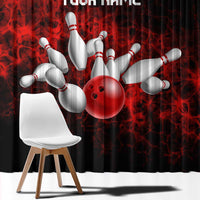 Red Bowling Ball and Pins Design Window Curtain with Fiery Smoke Background and Custom Team Name Text - Wonder Print Shop