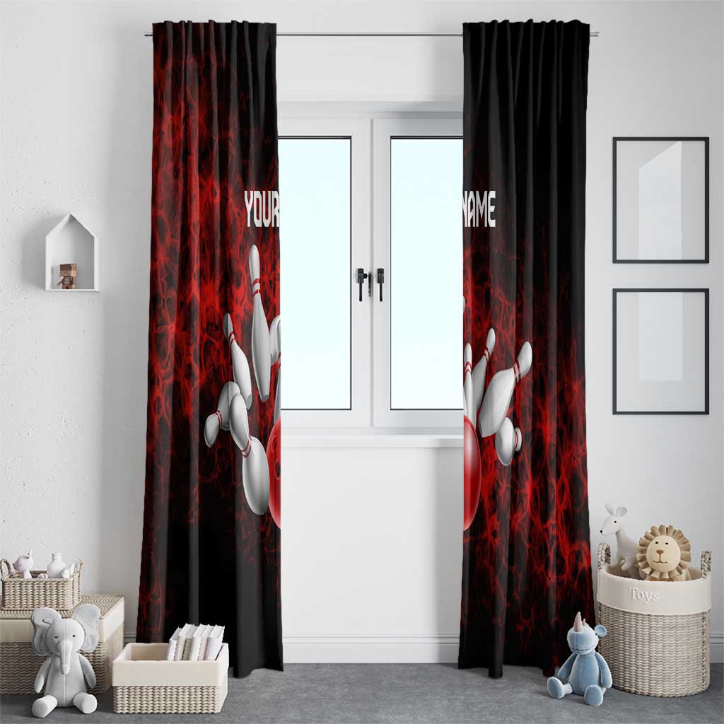 Red Bowling Ball and Pins Design Window Curtain with Fiery Smoke Background and Custom Team Name Text - Wonder Print Shop