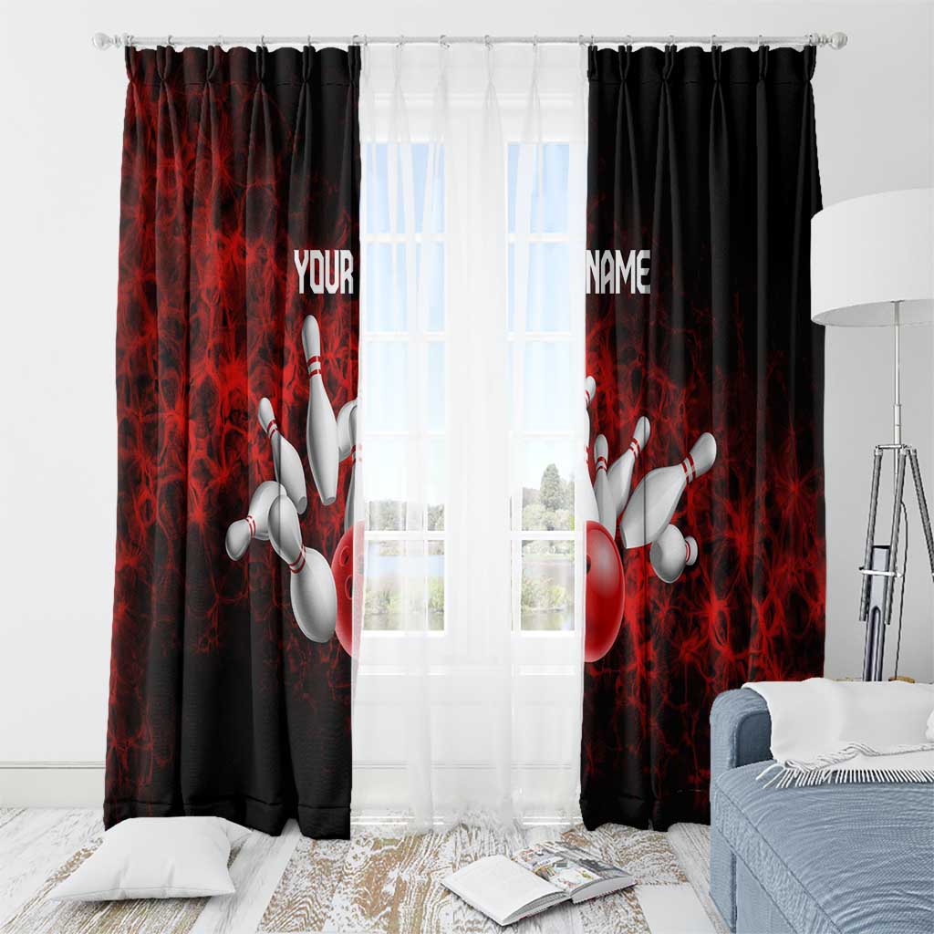 Red Bowling Ball and Pins Design Window Curtain with Fiery Smoke Background and Custom Team Name Text - Wonder Print Shop