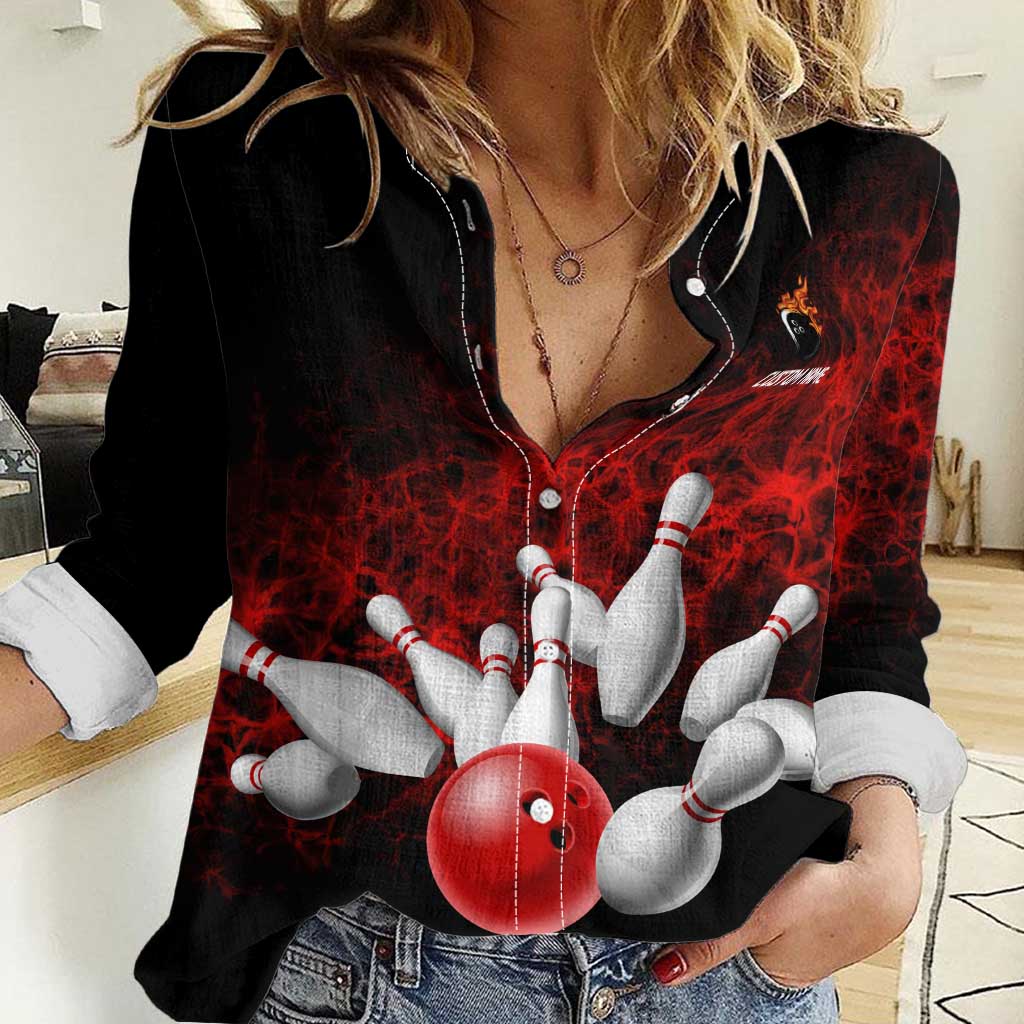 Red Bowling Ball and Pins Design Women Casual Shirt with Fiery Smoke Background and Custom Team Name Text - Wonder Print Shop