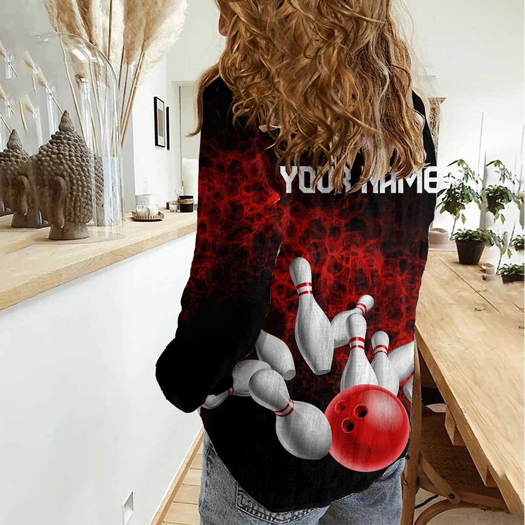 Red Bowling Ball and Pins Design Women Casual Shirt with Fiery Smoke Background and Custom Team Name Text - Wonder Print Shop